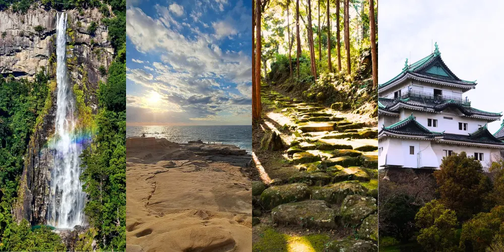 From left to right: Nachi Falls, Senjojiki, Kumano Kodo, Wakayama Castle