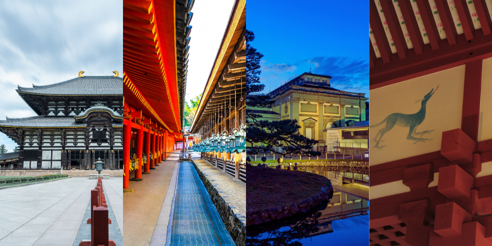 From left to right: Todai-ji Temple, Kasuga Taisha Shrine, Nara National Museum, Unknown picture.