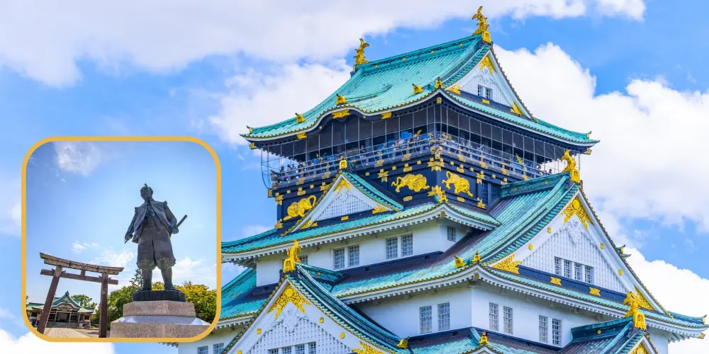 The left photo shows a statue of Toyotomi Hideyoshi.