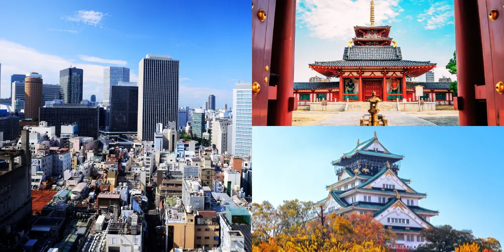 Umeda(left), Shitennoji (top right) and Osaka Castle (bottom right)