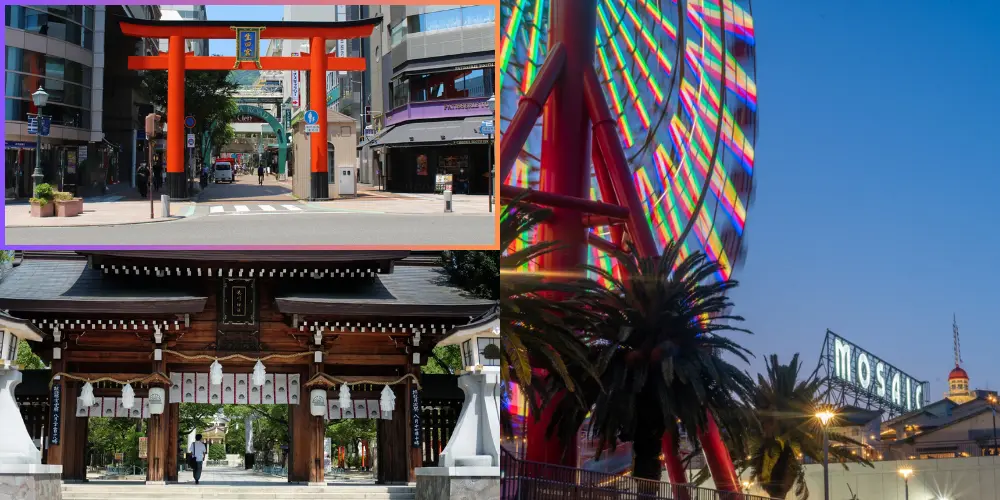 Ikuta Shrine entrance (top left), Minatogawa Shrine (bottom left), Kobe Harborland (right)