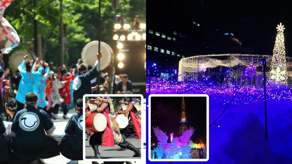 The YOSAKOI Soran Festival (left) and the Sapporo Snow Festival (right)